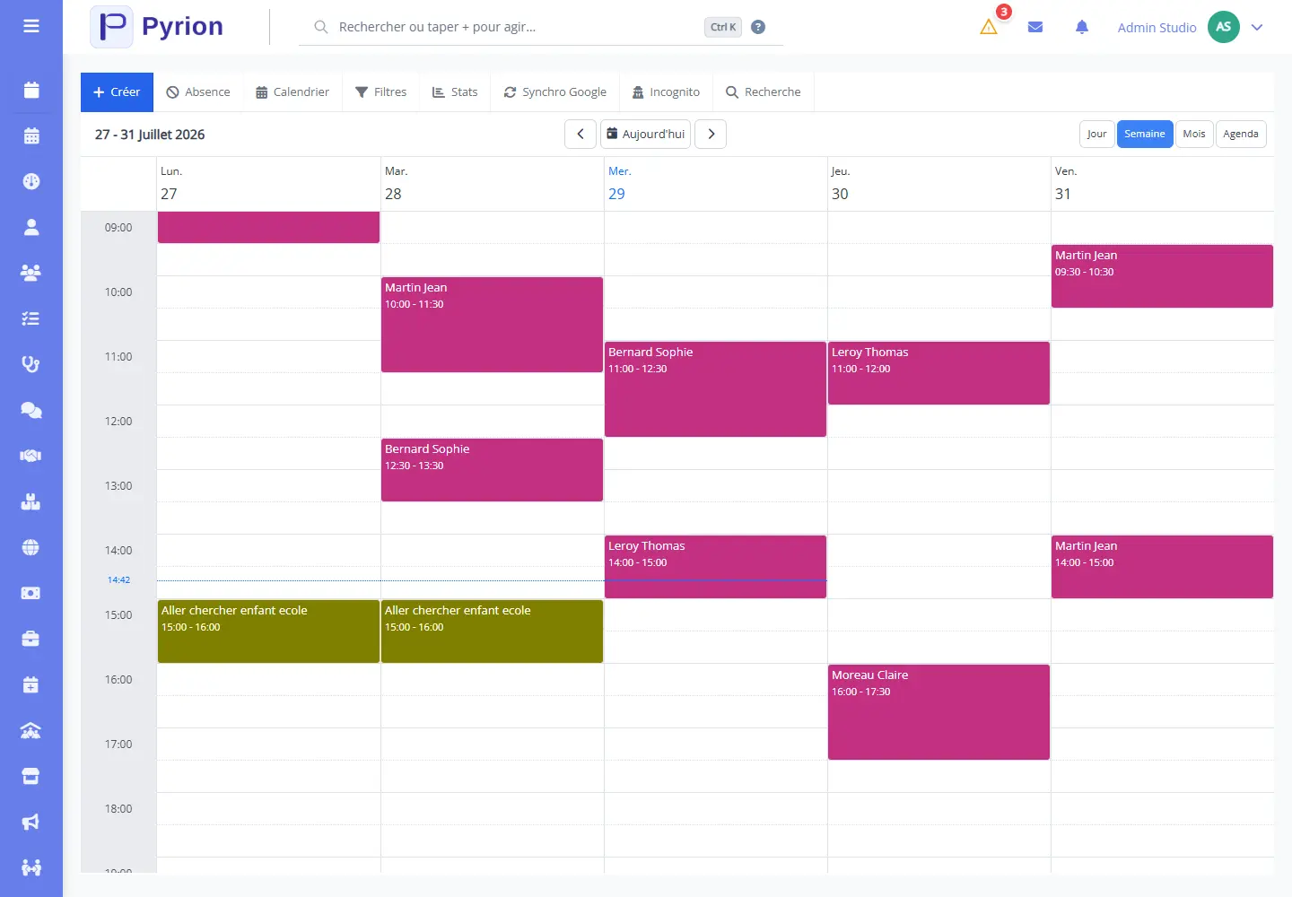 Écran Pyrion de gestion des rendez-vous réservés en ligne