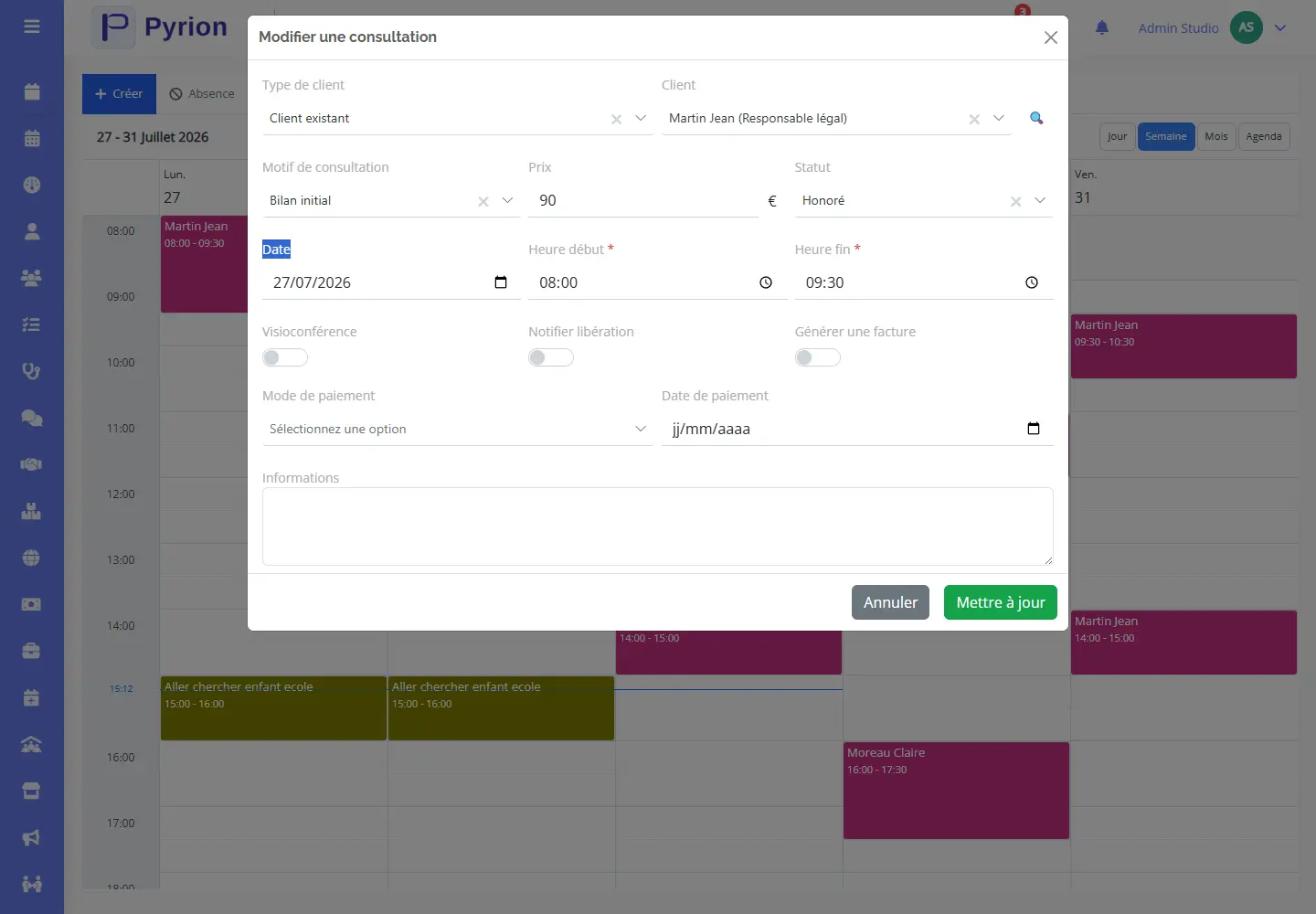 Modification d’un événement dans le calendrier Pyrion