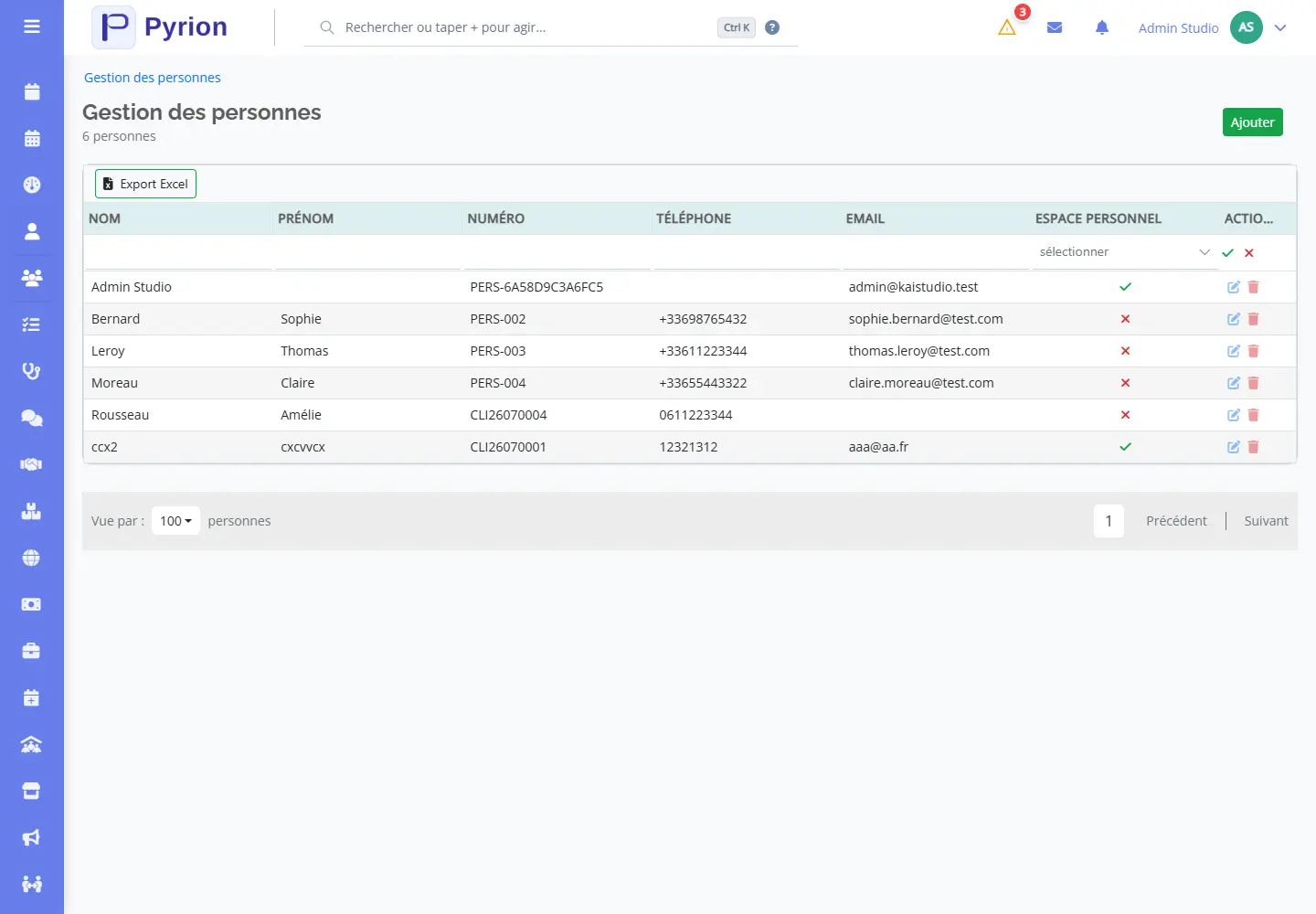 Liste des personnes et clients dans l’interface Pyrion